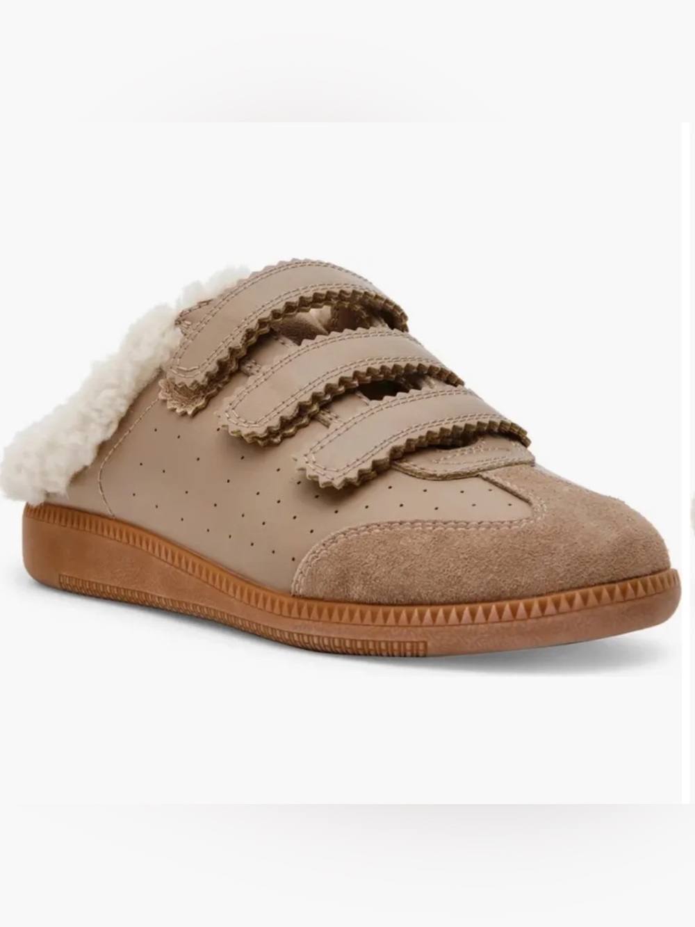 NWT Steve Madden Memento Slip On Velcro Faux Shearling Sneaker Taupe Suede 8.5